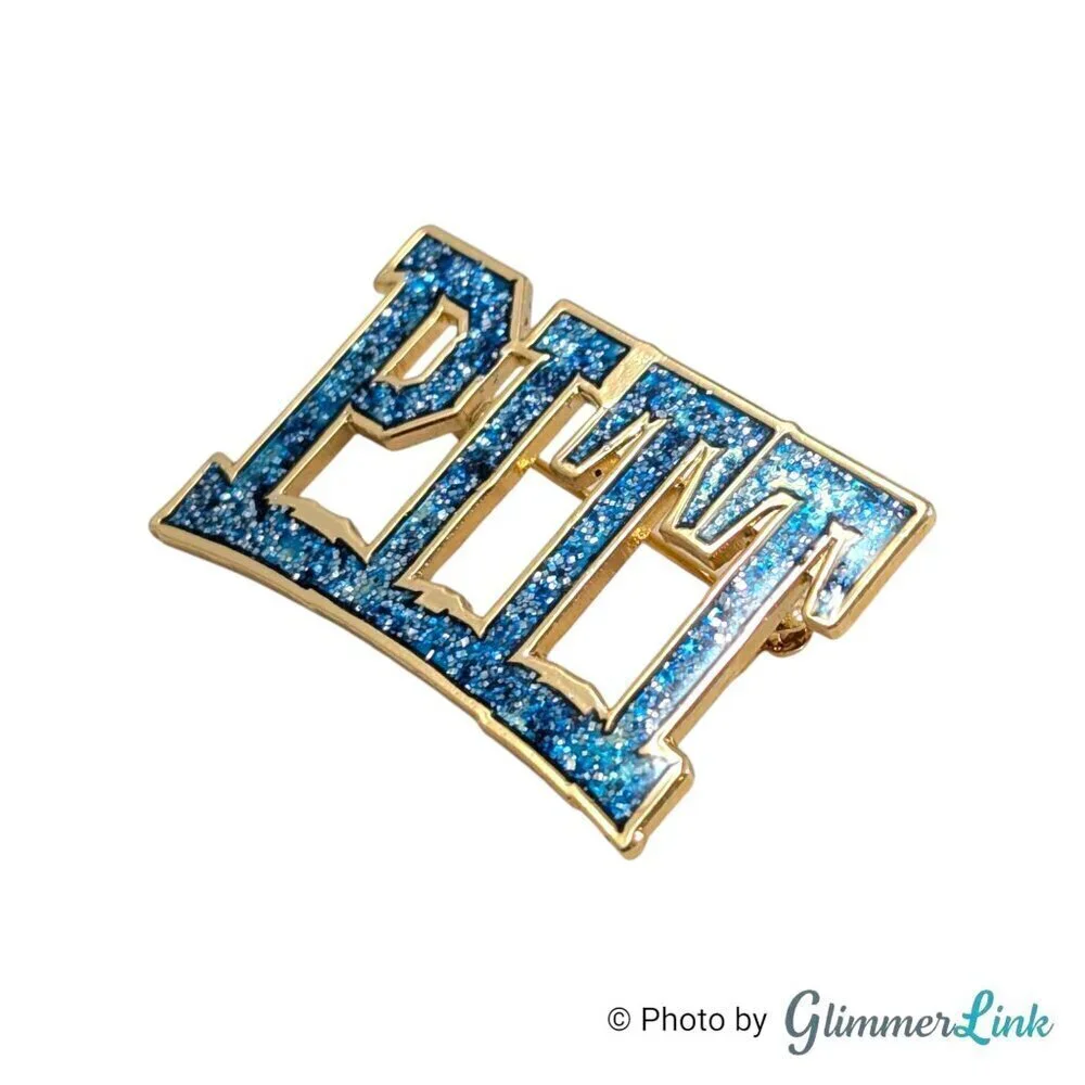 Sparkly Blue Enamel Pitt Name Las Name Gold Tone Brooch
